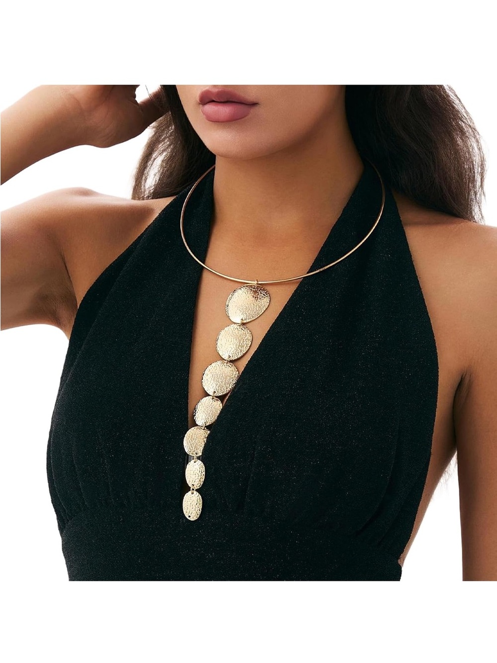 Vintage Long Tassel Chest Chain Necklace, Adjustable, Metal Open Round Neck Chai